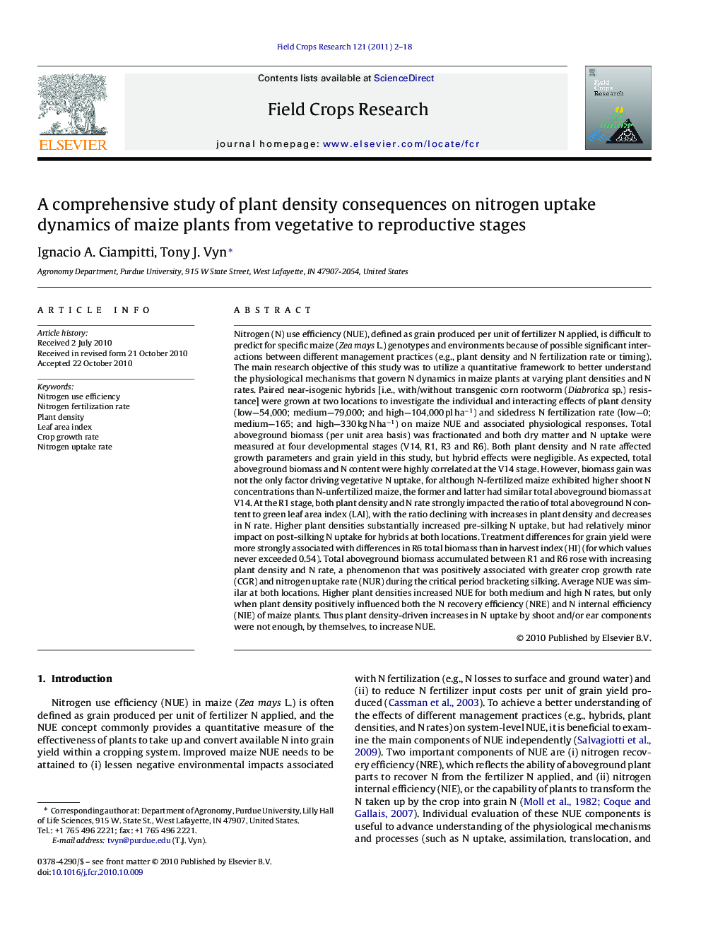 A comprehensive study of plant density consequences on nitrogen uptake dynamics of maize plants from vegetative to reproductive stages