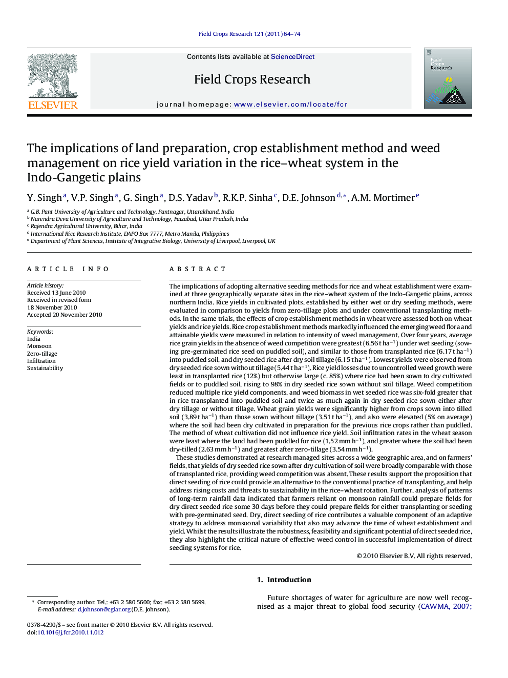 The implications of land preparation, crop establishment method and weed management on rice yield variation in the rice-wheat system in the Indo-Gangetic plains