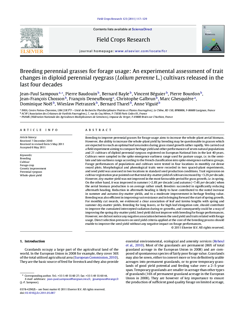 Breeding perennial grasses for forage usage: An experimental assessment of trait changes in diploid perennial ryegrass (Lolium perenne L.) cultivars released in the last four decades