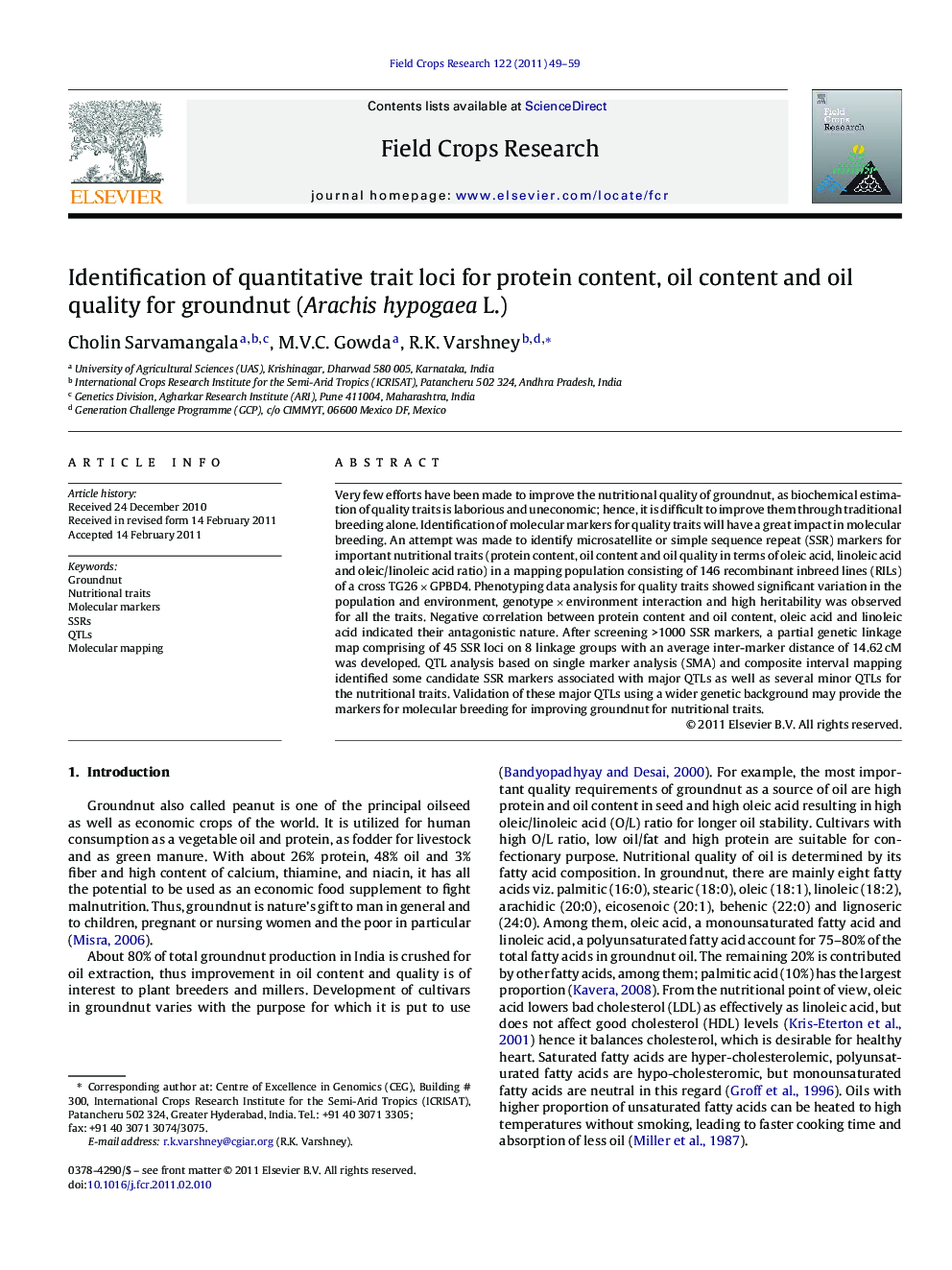 Identification of quantitative trait loci for protein content, oil content and oil quality for groundnut (Arachis hypogaea L.)