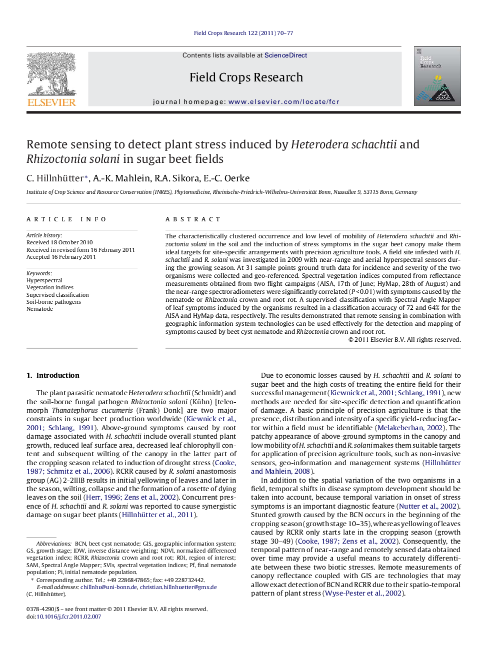 Remote sensing to detect plant stress induced by Heterodera schachtii and Rhizoctonia solani in sugar beet fields