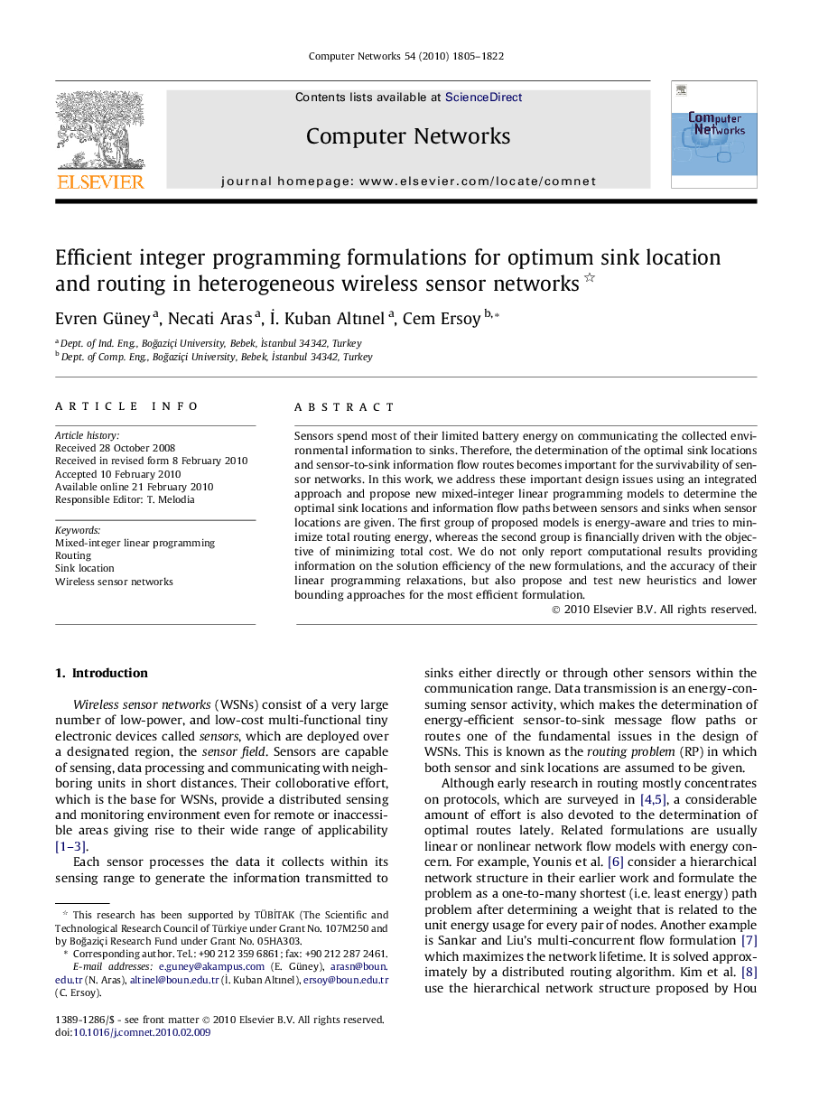 Efficient integer programming formulations for optimum sink location and routing in heterogeneous wireless sensor networks 