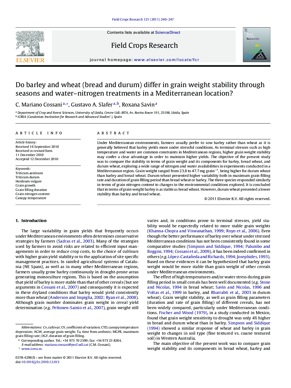 Do barley and wheat (bread and durum) differ in grain weight stability through seasons and water–nitrogen treatments in a Mediterranean location?