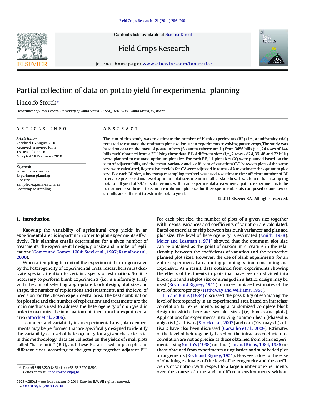 Partial collection of data on potato yield for experimental planning