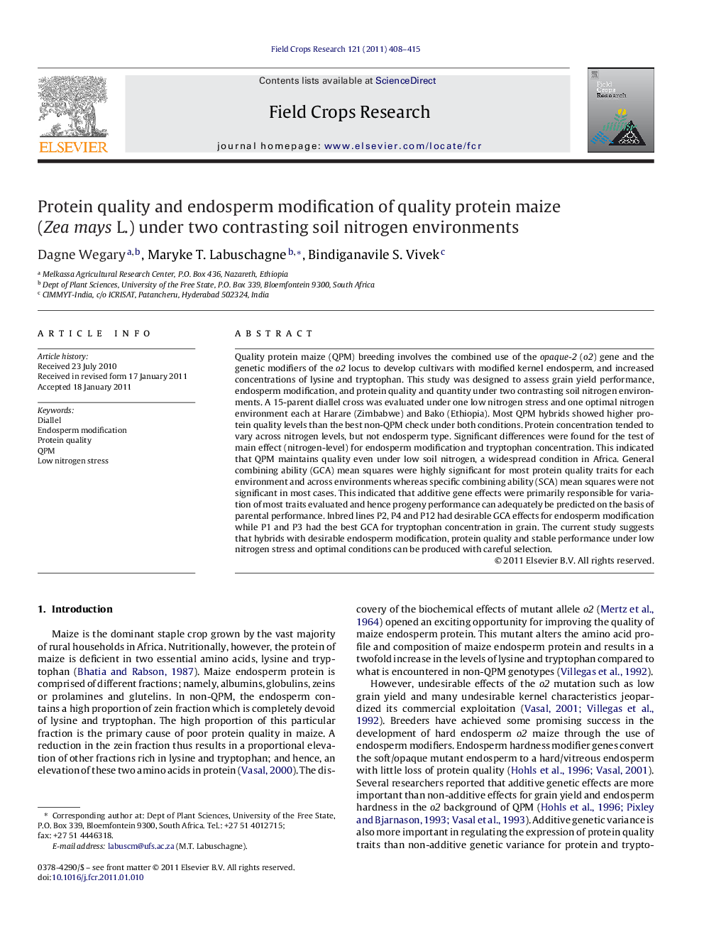 Protein quality and endosperm modification of quality protein maize (Zea mays L.) under two contrasting soil nitrogen environments