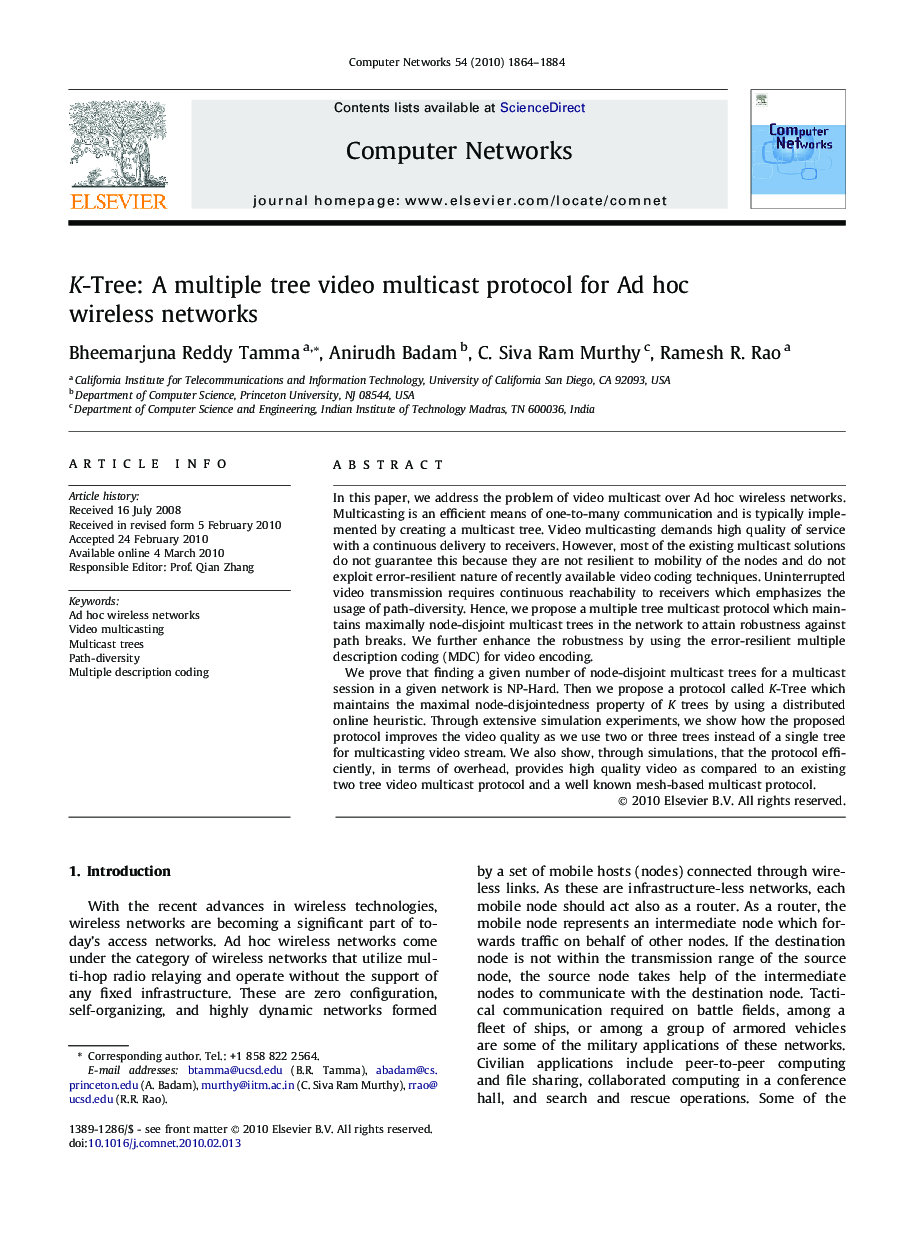 K-Tree: A multiple tree video multicast protocol for Ad hoc wireless networks