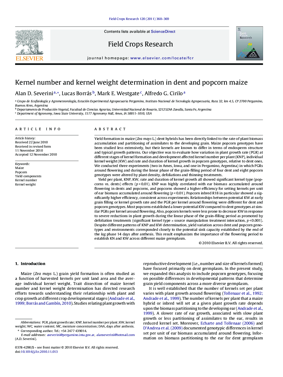 عکس صفحه اول مقاله: Kernel number and kernel weight determination in dent and popcorn maize Kernel number and kernel weight determination in dent and popcorn maize