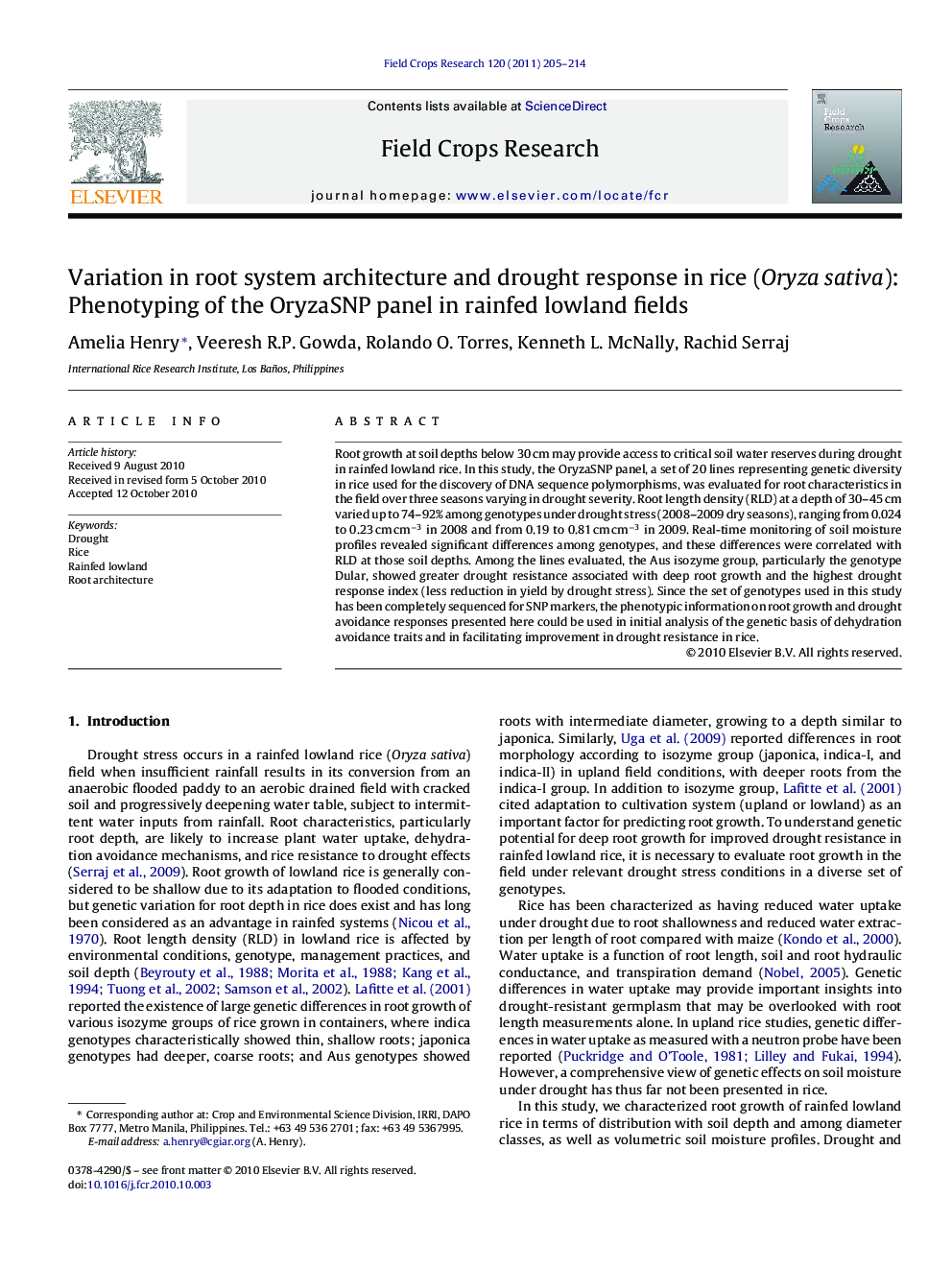 Variation in root system architecture and drought response in rice (Oryza sativa): Phenotyping of the OryzaSNP panel in rainfed lowland fields