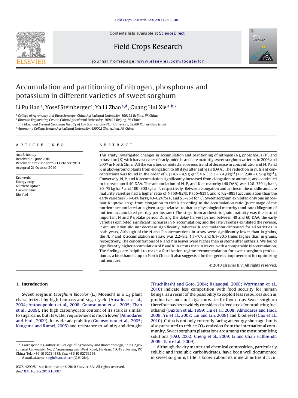 Accumulation and partitioning of nitrogen, phosphorus and potassium in different varieties of sweet sorghum