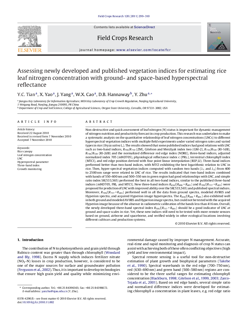 Assessing newly developed and published vegetation indices for estimating rice leaf nitrogen concentration with ground- and space-based hyperspectral reflectance