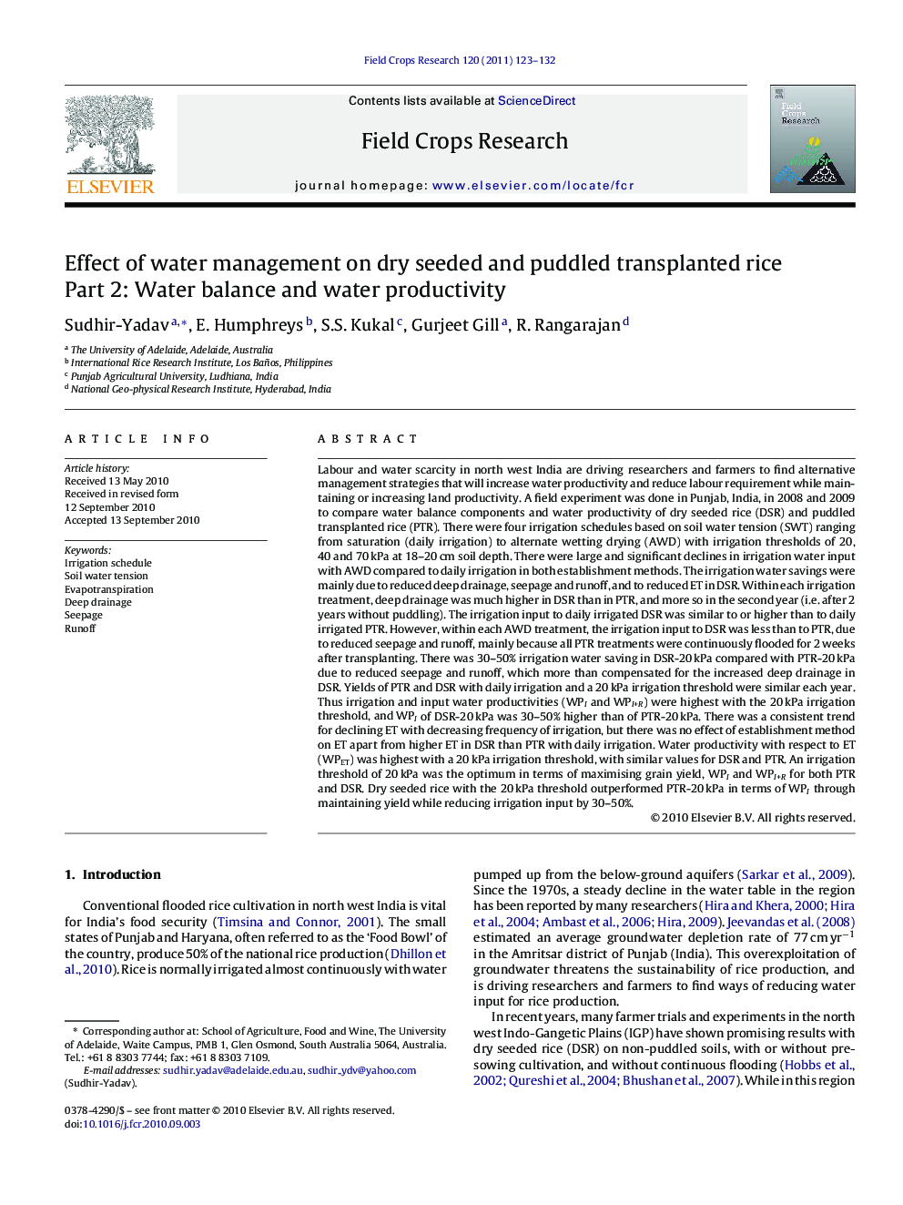 Effect of water management on dry seeded and puddled transplanted rice: Part 2: Water balance and water productivity