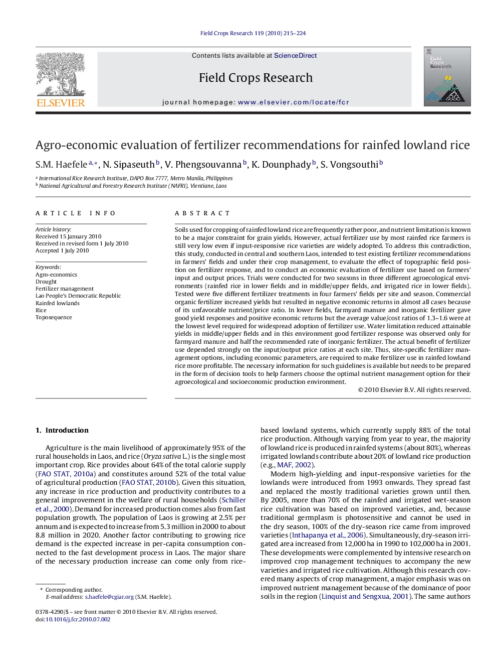 Agro-economic evaluation of fertilizer recommendations for rainfed lowland rice