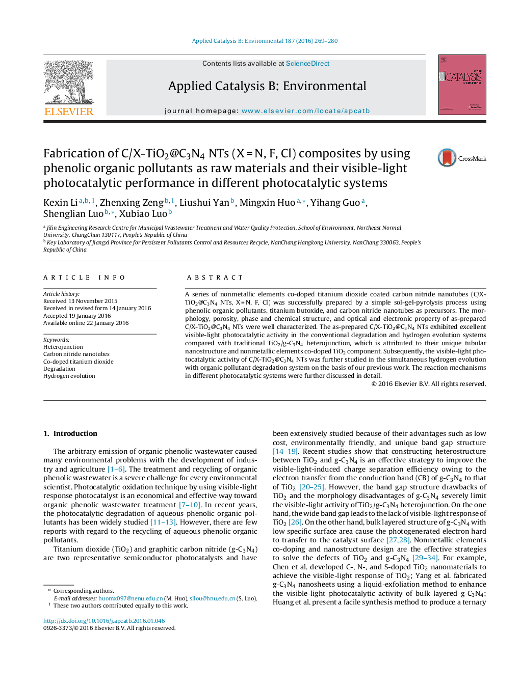 عکس صفحه اول مقاله: Fabrication of C/X-TiO2@C3N4 NTs (X = N, F, Cl) composites by using phenolic organic pollutants as raw materials and their visible-light photocatalytic performance in different photocatalytic systems Fabrication of C/X-TiO2@C3N4 NTs (X = N, F, Cl) composites by using phenolic organic pollutants as raw materials and their visible-light photocatalytic performance in different photocatalytic systems
