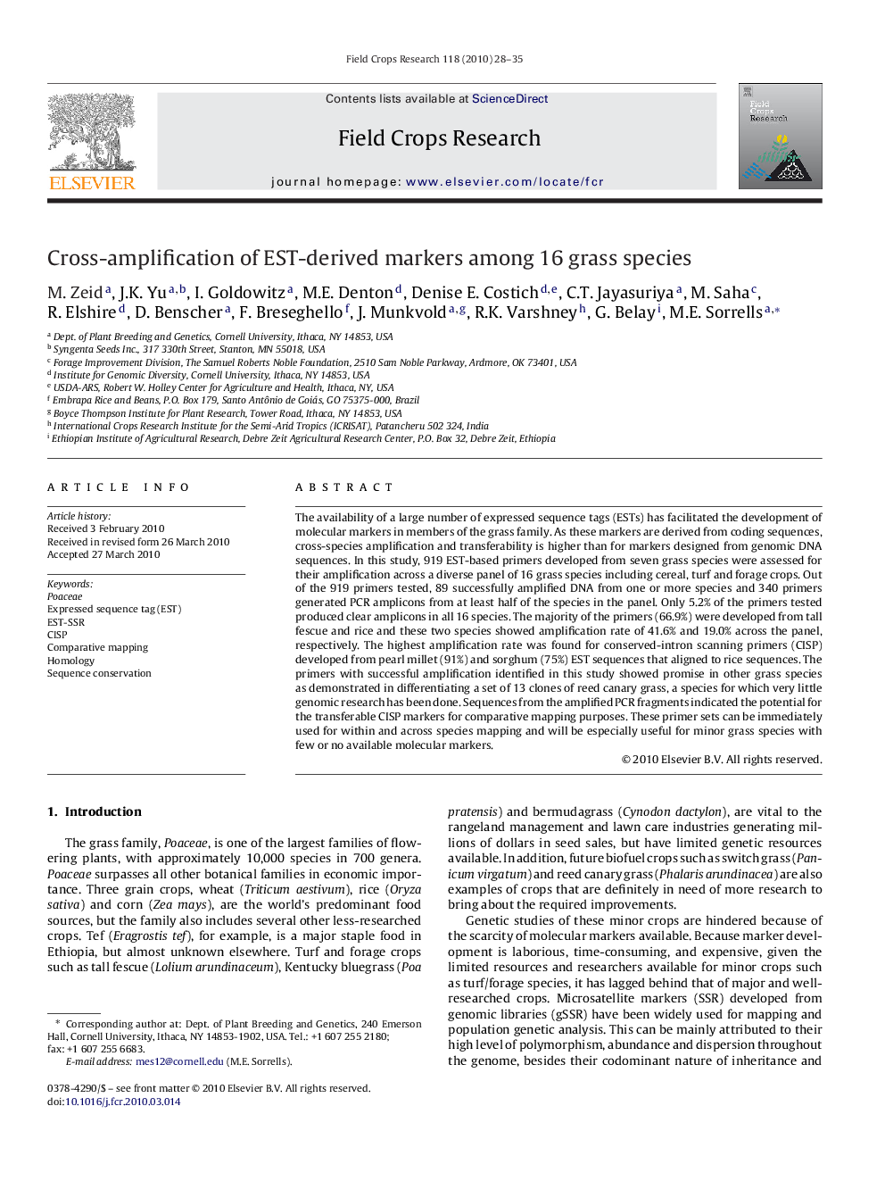 Cross-amplification of EST-derived markers among 16 grass species