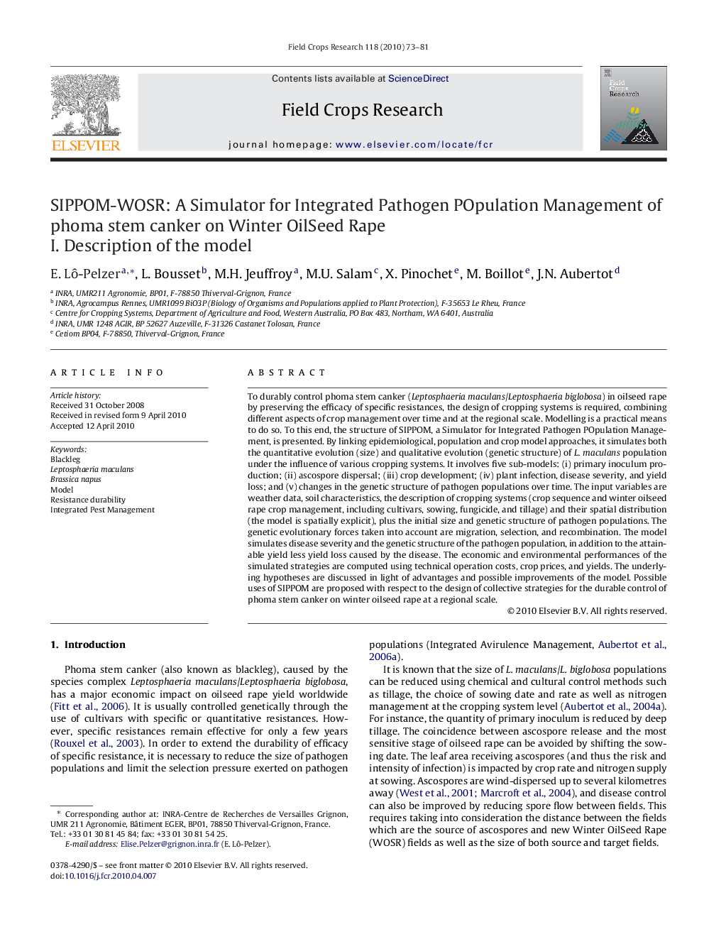 SIPPOM-WOSR: A Simulator for Integrated Pathogen POpulation Management of phoma stem canker on Winter OilSeed Rape: I. Description of the model