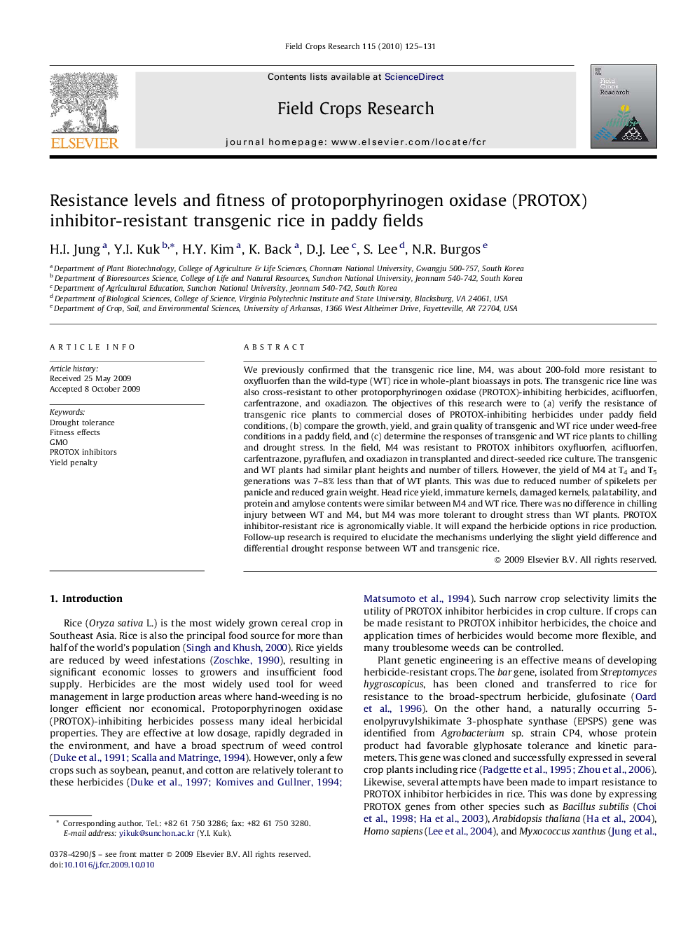 Resistance levels and fitness of protoporphyrinogen oxidase (PROTOX) inhibitor-resistant transgenic rice in paddy fields