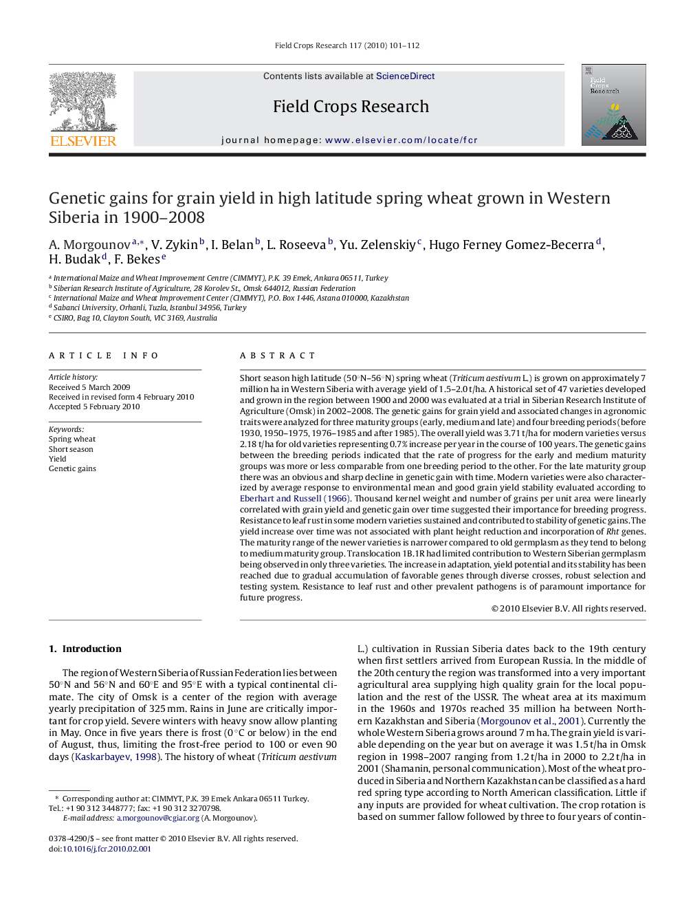 Genetic gains for grain yield in high latitude spring wheat grown in Western Siberia in 1900–2008