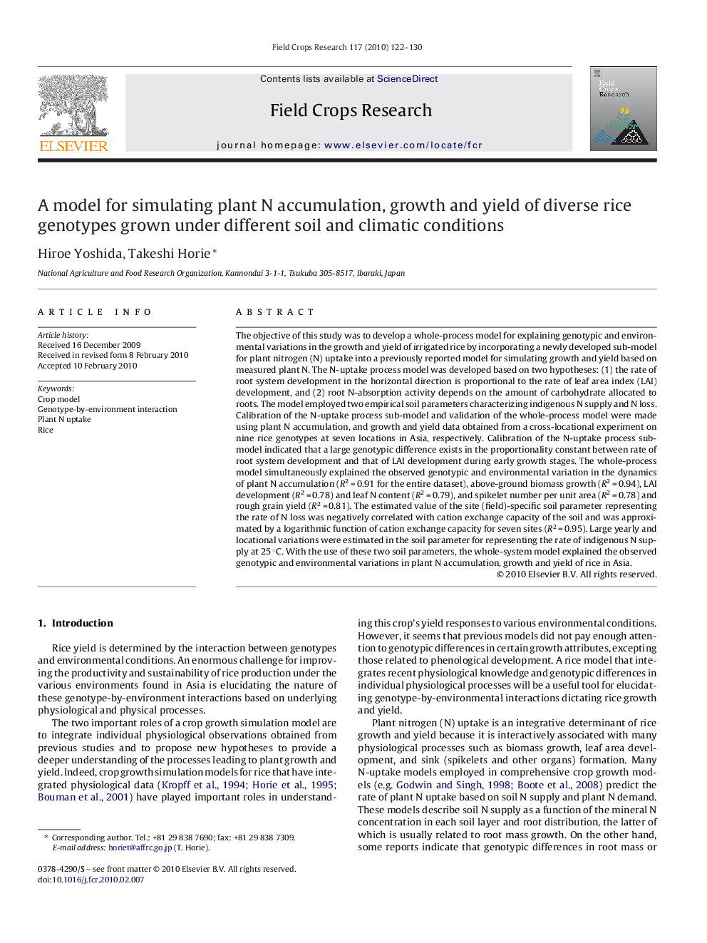 A model for simulating plant N accumulation, growth and yield of diverse rice genotypes grown under different soil and climatic conditions