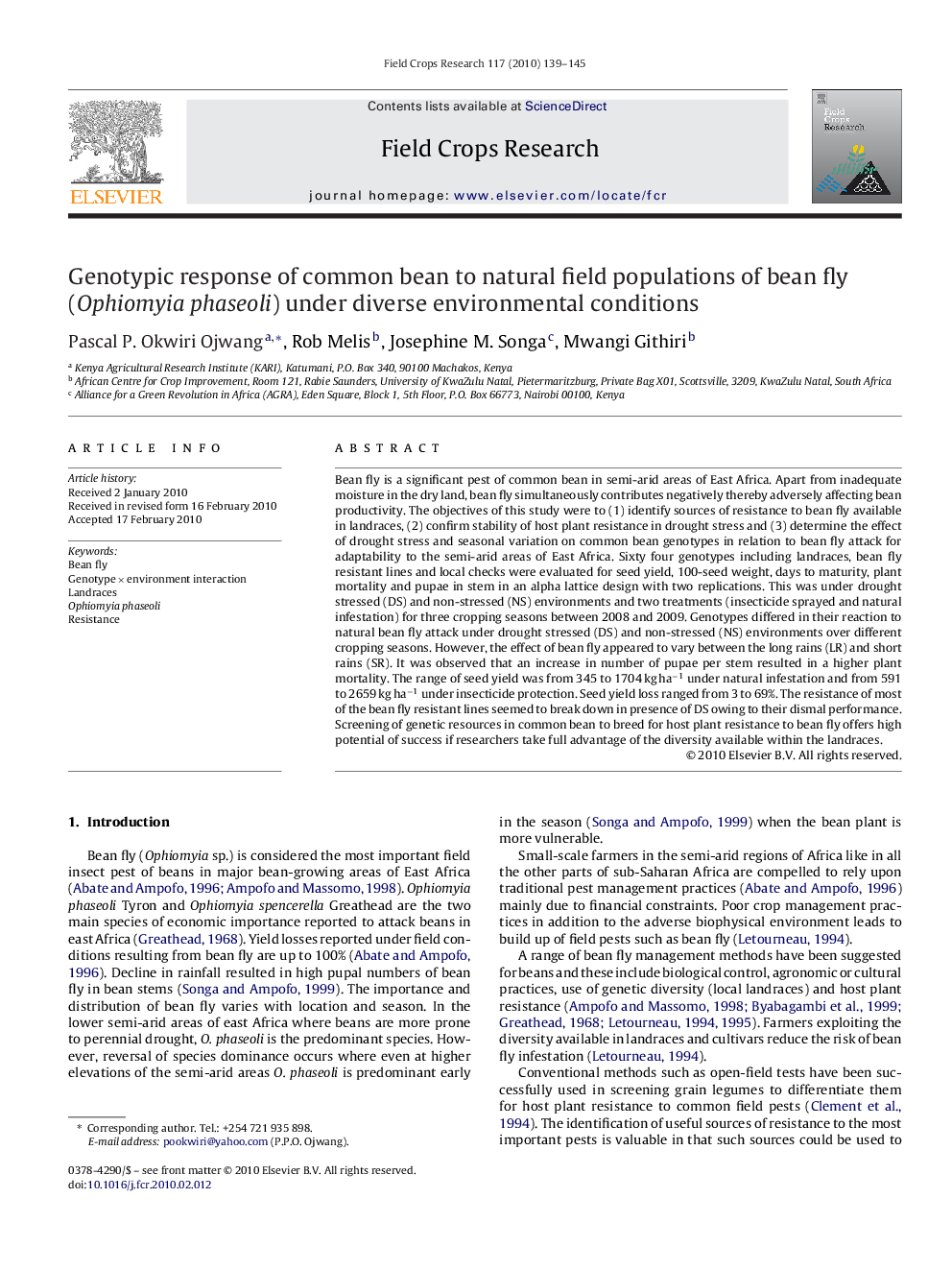 Genotypic response of common bean to natural field populations of bean fly (Ophiomyia phaseoli) under diverse environmental conditions