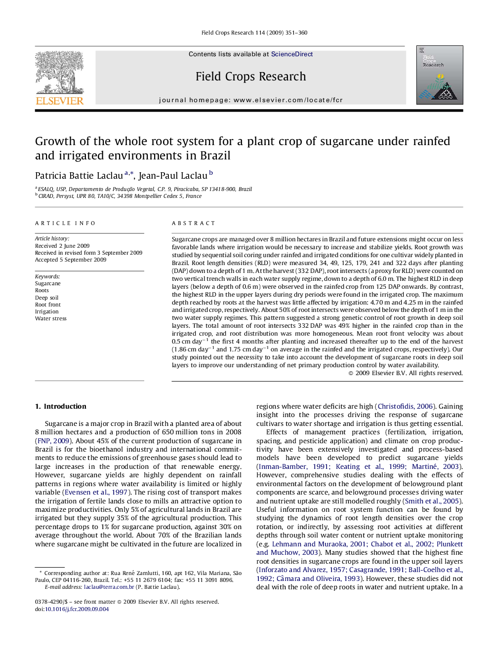 Growth of the whole root system for a plant crop of sugarcane under rainfed and irrigated environments in Brazil