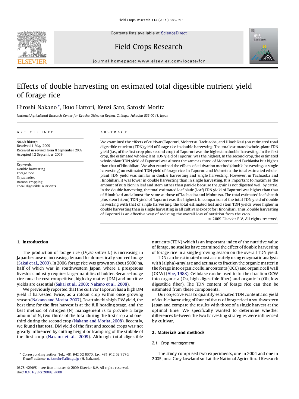 Effects of double harvesting on estimated total digestible nutrient yield of forage rice