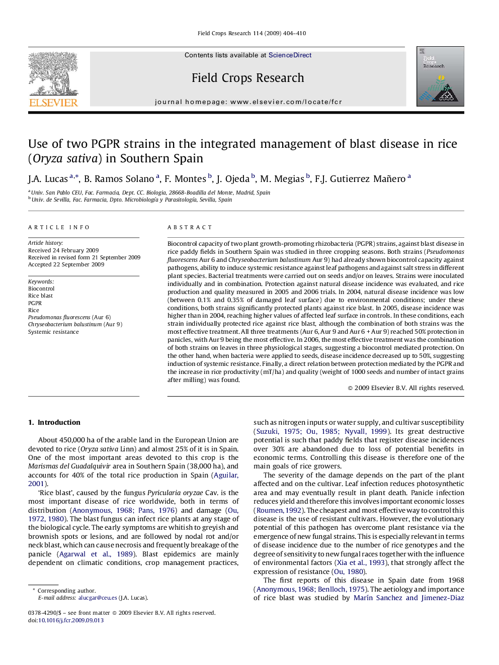 Use of two PGPR strains in the integrated management of blast disease in rice (Oryza sativa) in Southern Spain