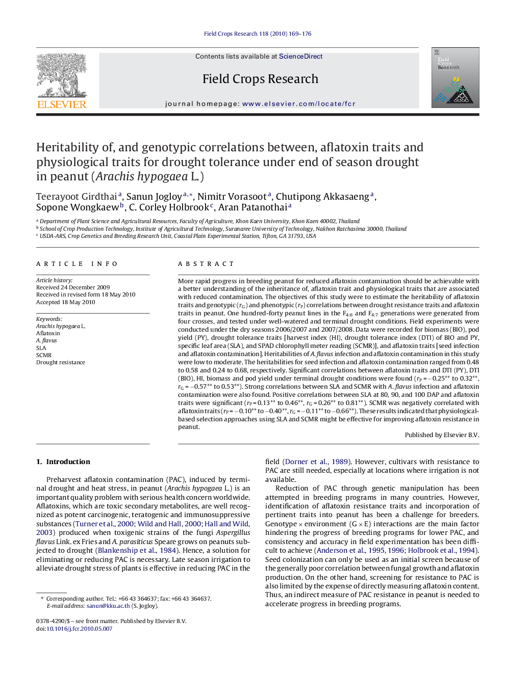 Heritability of, and genotypic correlations between, aflatoxin traits and physiological traits for drought tolerance under end of season drought in peanut (Arachis hypogaea L.)