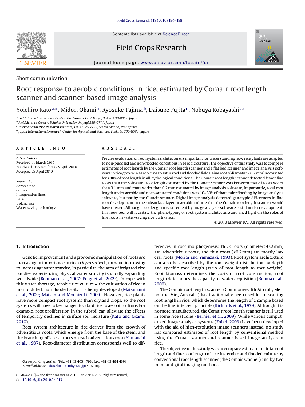 Root response to aerobic conditions in rice, estimated by Comair root length scanner and scanner-based image analysis