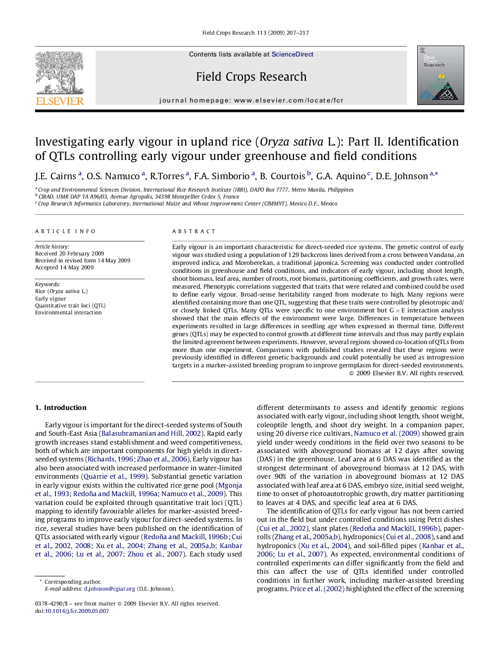 Investigating early vigour in upland rice (Oryza sativa L.): Part II. Identification of QTLs controlling early vigour under greenhouse and field conditions