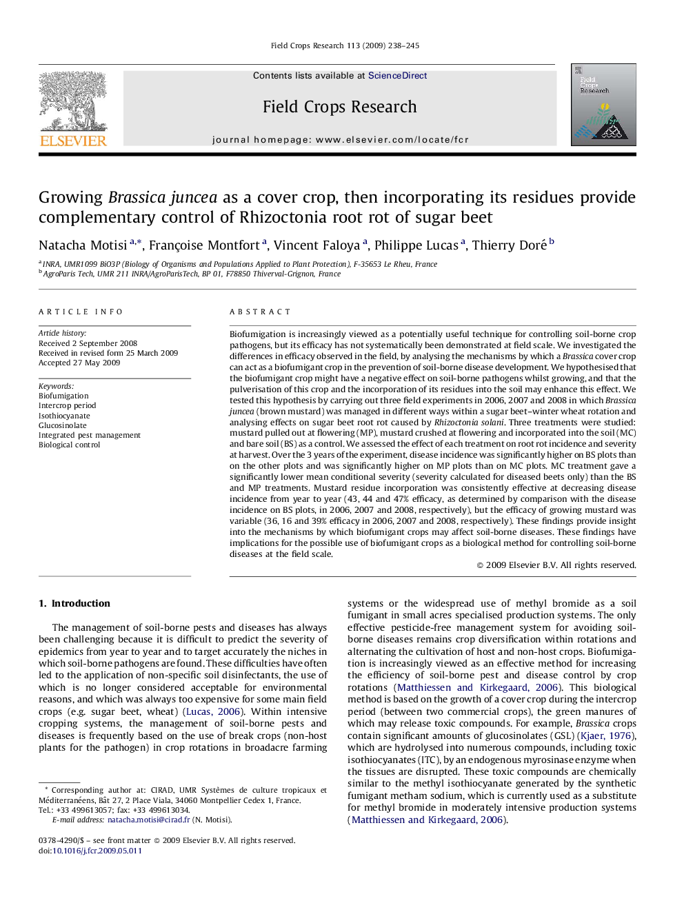 Growing Brassica juncea as a cover crop, then incorporating its residues provide complementary control of Rhizoctonia root rot of sugar beet