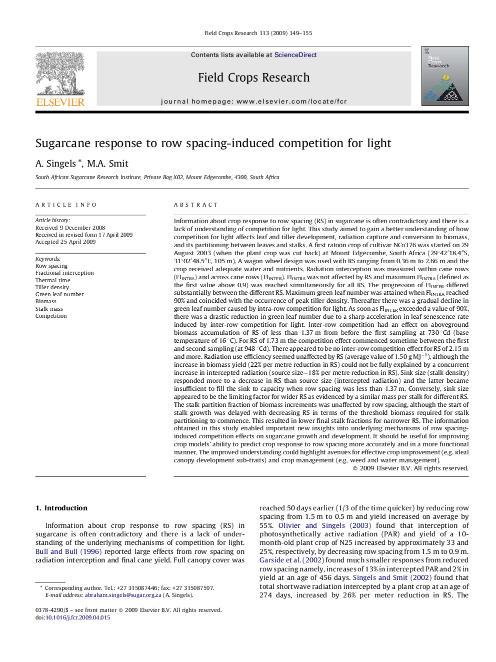 Sugarcane response to row spacing-induced competition for light