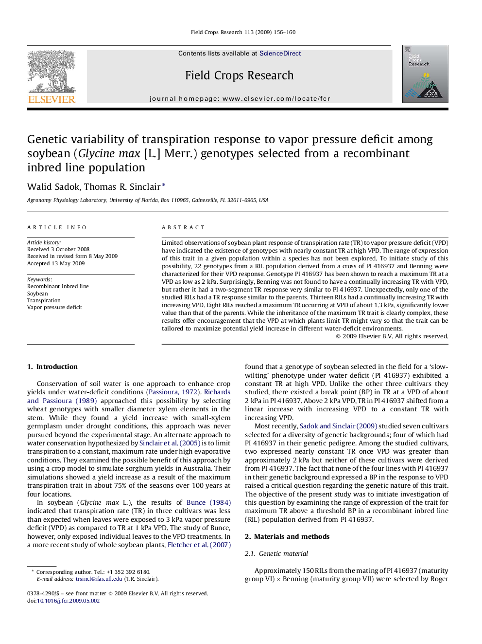 Genetic variability of transpiration response to vapor pressure deficit among soybean (Glycine max [L.] Merr.) genotypes selected from a recombinant inbred line population