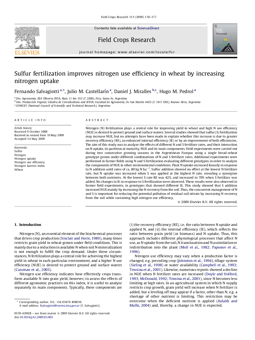 Sulfur fertilization improves nitrogen use efficiency in wheat by increasing nitrogen uptake