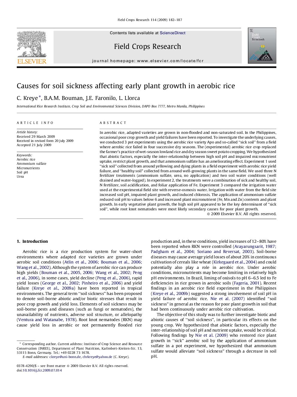 Causes for soil sickness affecting early plant growth in aerobic rice