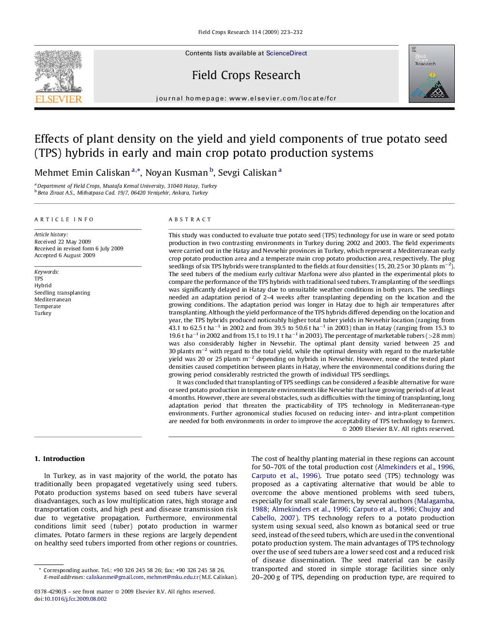 Effects of plant density on the yield and yield components of true potato seed (TPS) hybrids in early and main crop potato production systems