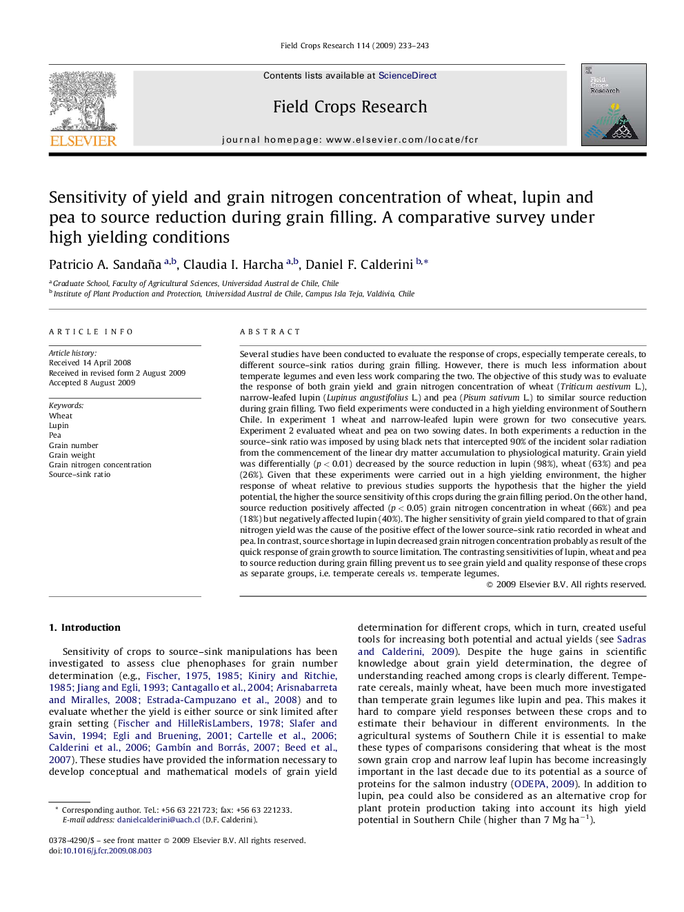 Sensitivity of yield and grain nitrogen concentration of wheat, lupin and pea to source reduction during grain filling. A comparative survey under high yielding conditions