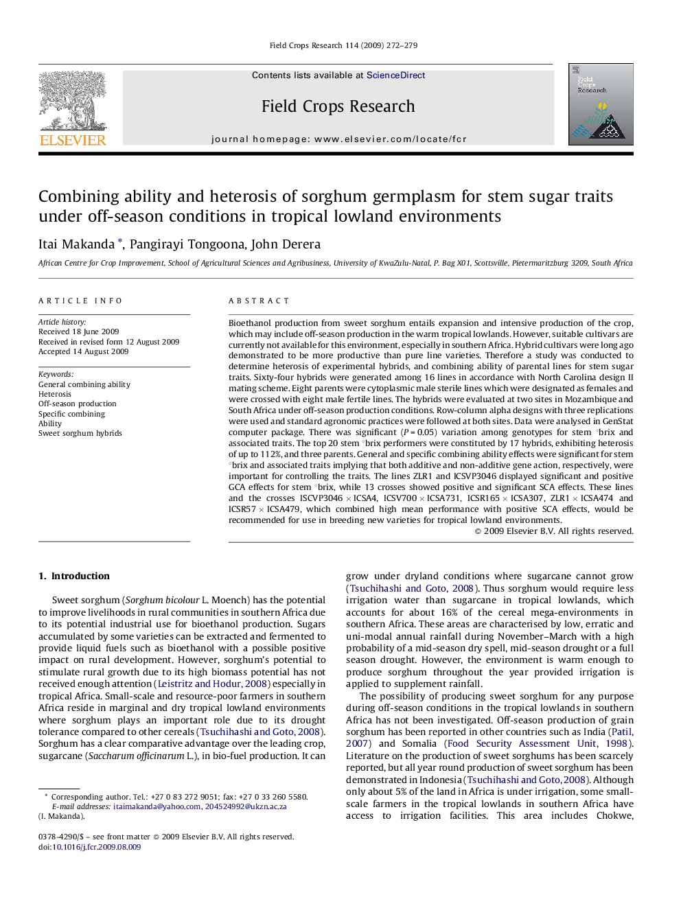 Combining ability and heterosis of sorghum germplasm for stem sugar traits under off-season conditions in tropical lowland environments