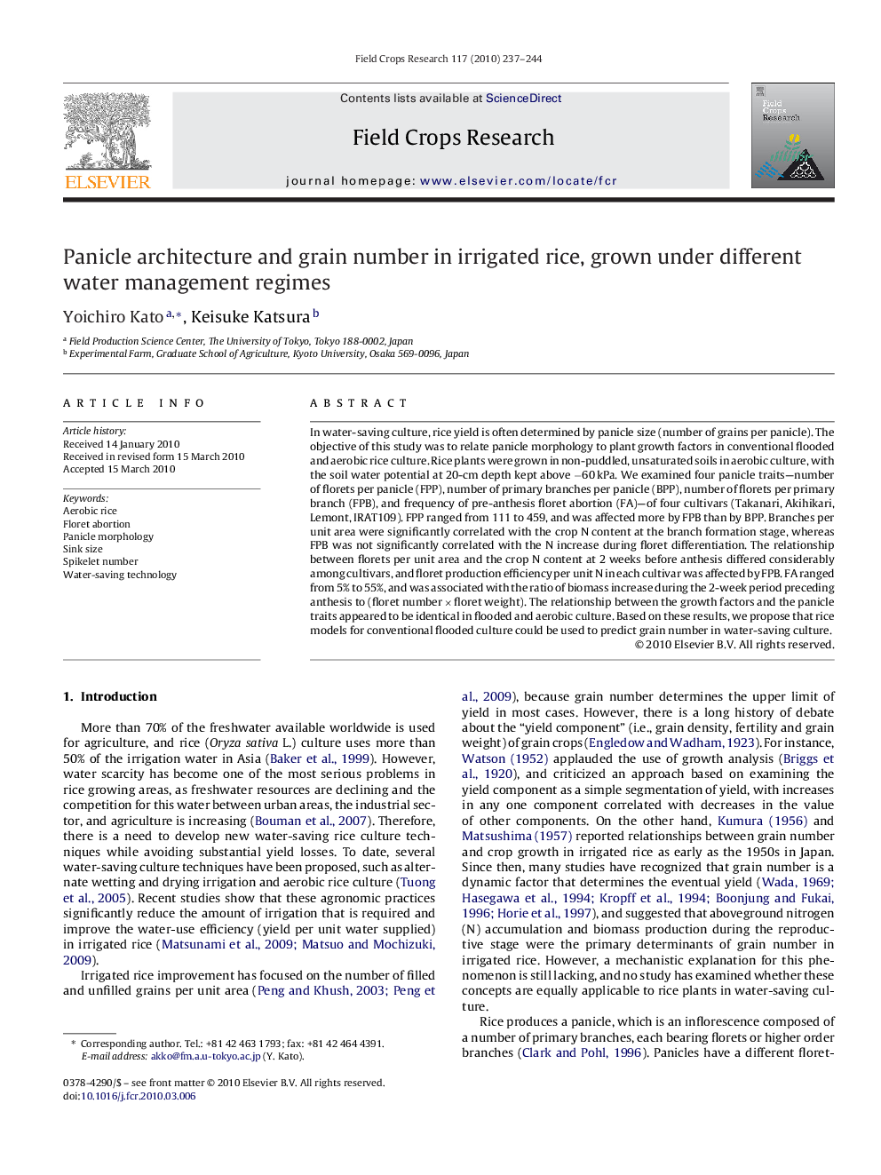 Panicle architecture and grain number in irrigated rice, grown under different water management regimes