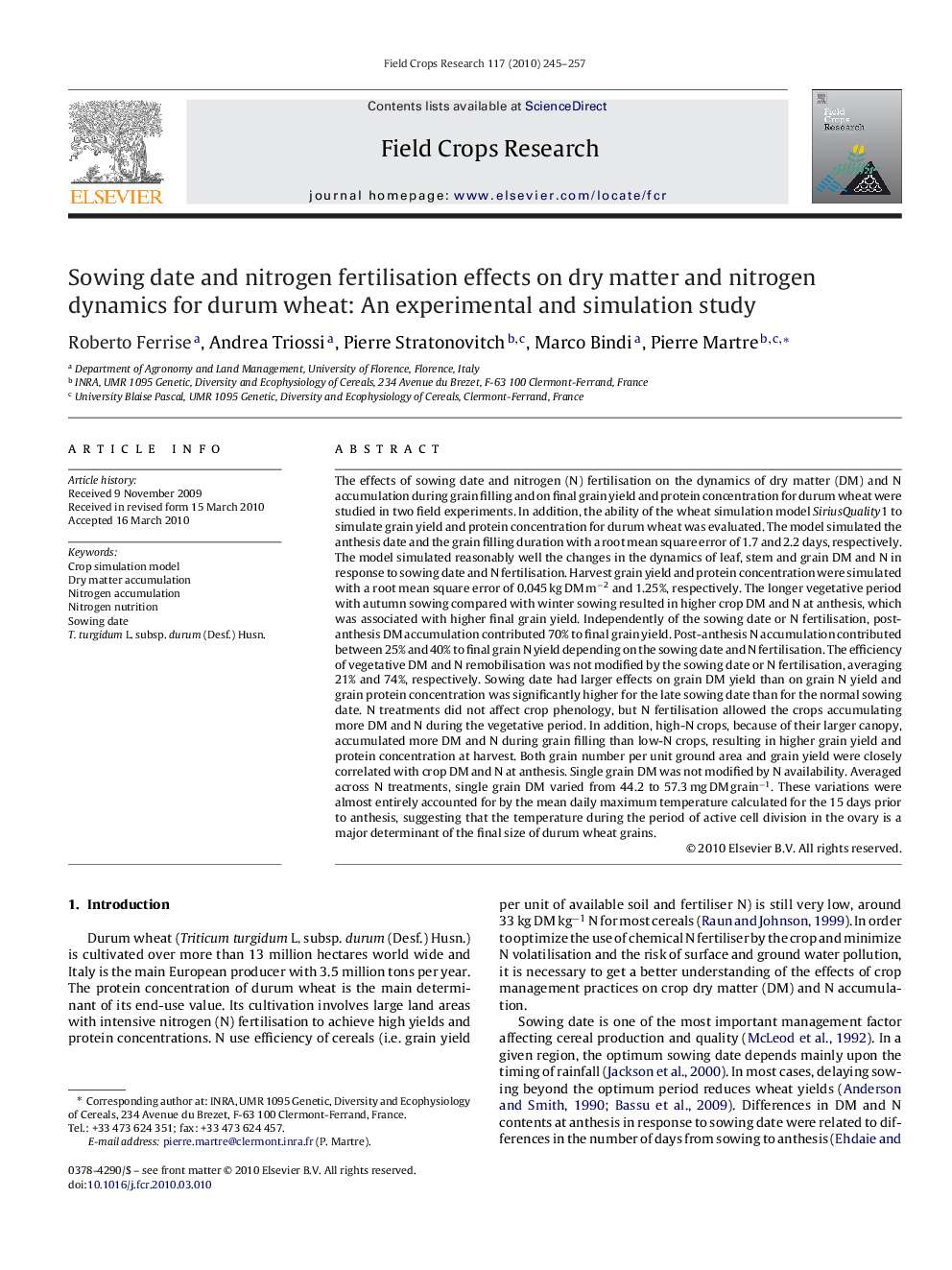 Sowing date and nitrogen fertilisation effects on dry matter and nitrogen dynamics for durum wheat: An experimental and simulation study