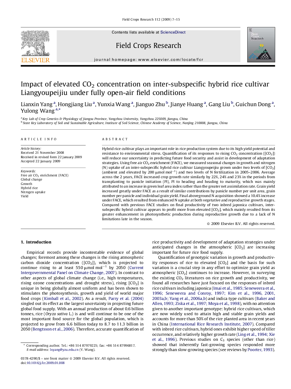 Impact of elevated CO2 concentration on inter-subspecific hybrid rice cultivar Liangyoupeijiu under fully open-air field conditions