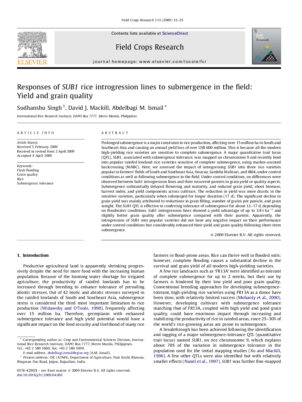 Responses of SUB1 rice introgression lines to submergence in the field: Yield and grain quality