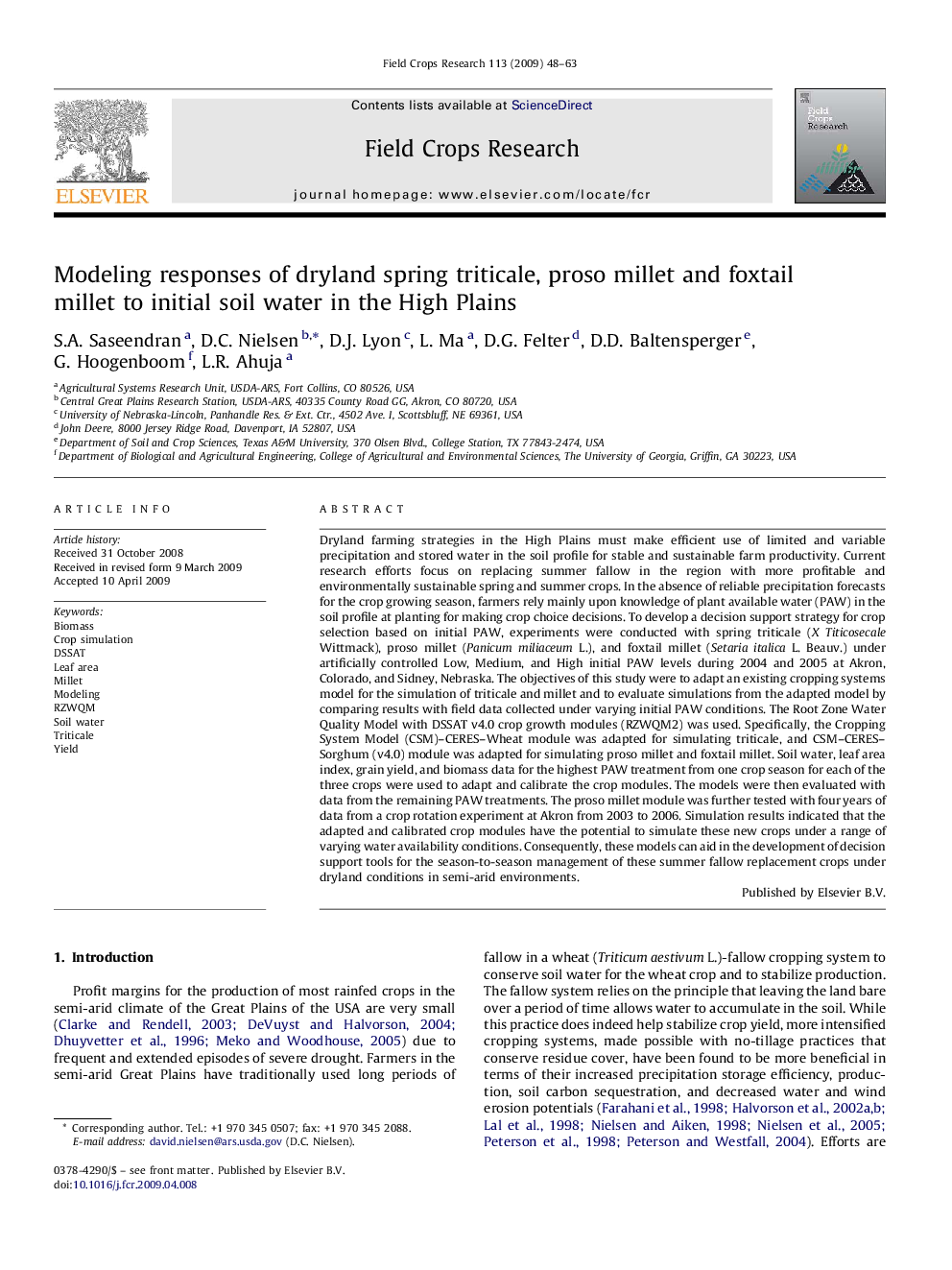 Modeling responses of dryland spring triticale, proso millet and foxtail millet to initial soil water in the High Plains