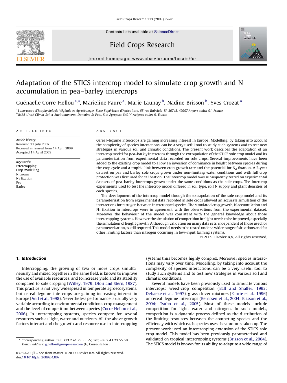 Adaptation of the STICS intercrop model to simulate crop growth and N accumulation in pea–barley intercrops