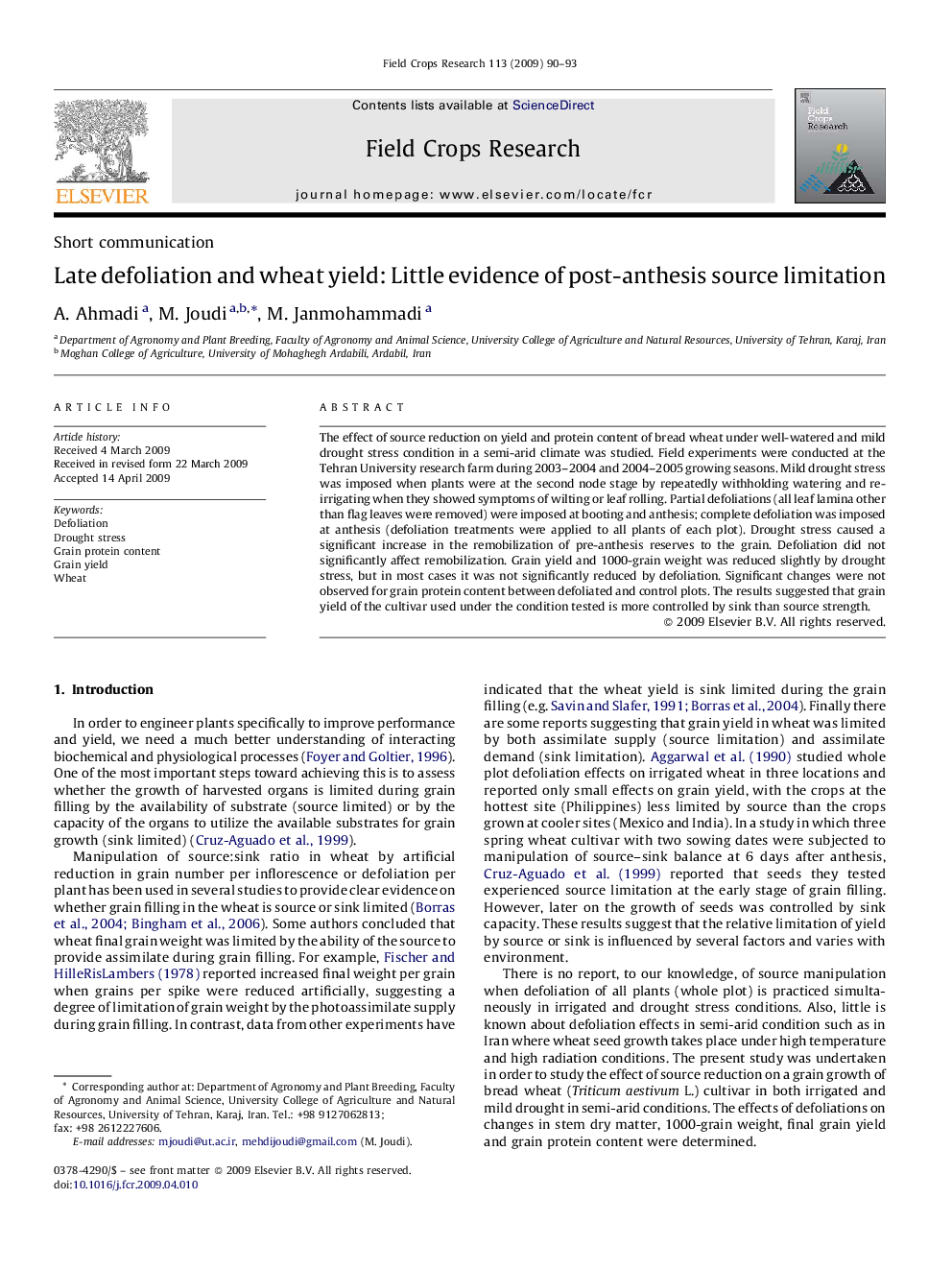 Late defoliation and wheat yield: Little evidence of post-anthesis source limitation