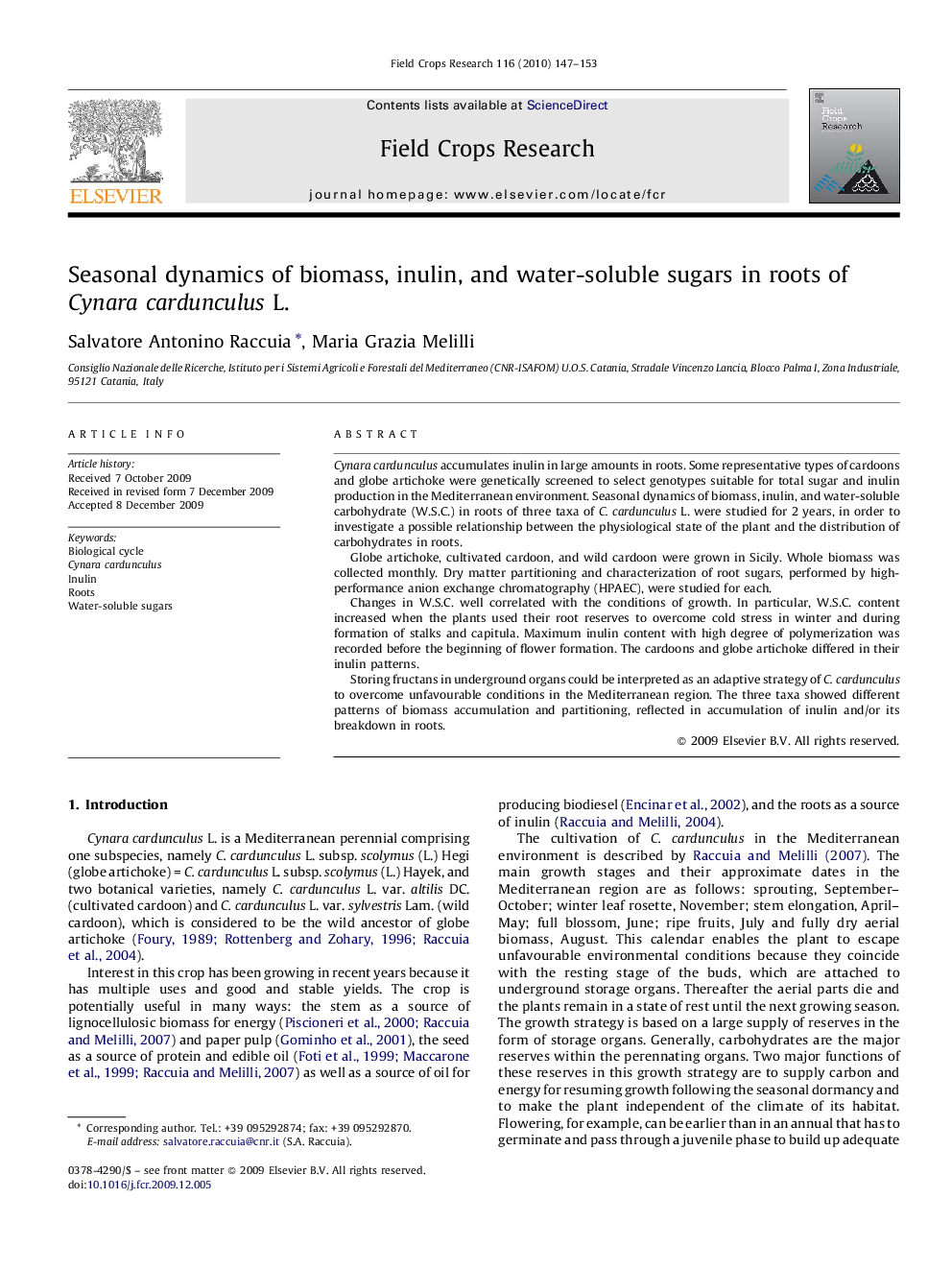 Seasonal dynamics of biomass, inulin, and water-soluble sugars in roots of Cynara cardunculus L.