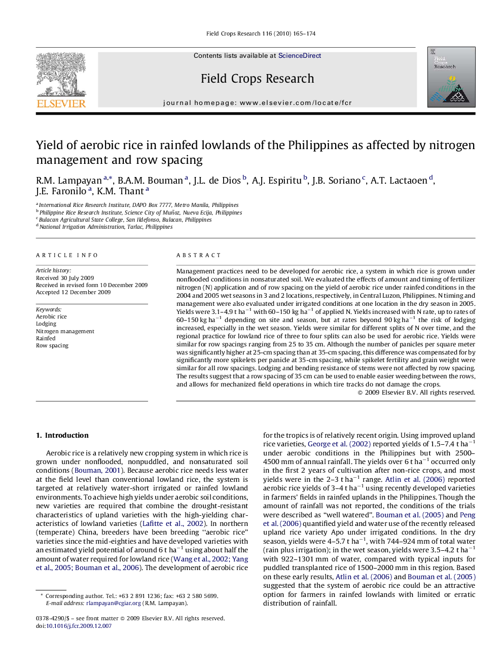 Yield of aerobic rice in rainfed lowlands of the Philippines as affected by nitrogen management and row spacing