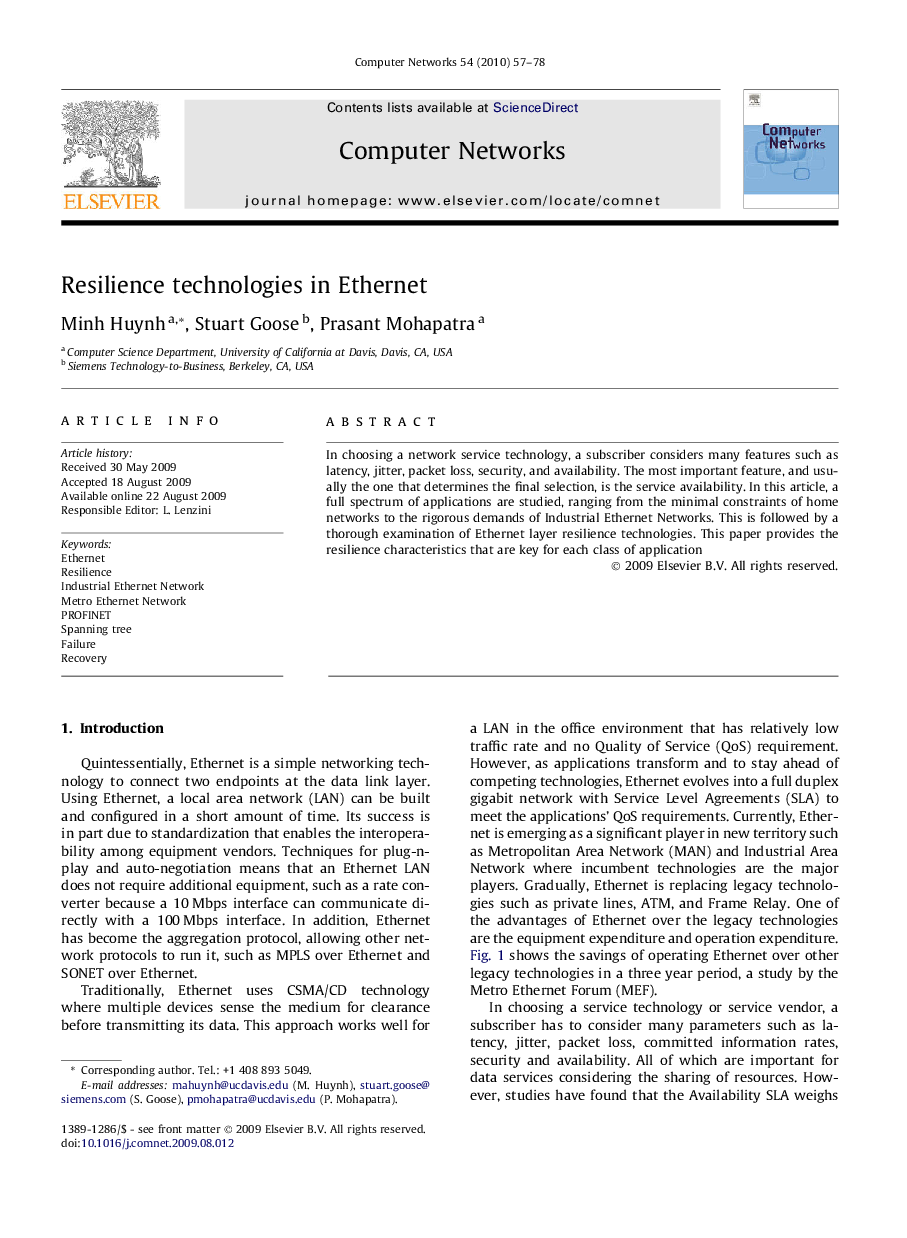 Resilience technologies in Ethernet