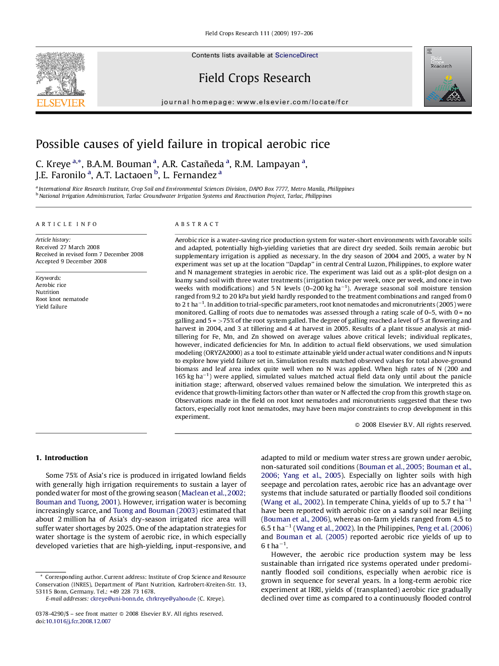 Possible causes of yield failure in tropical aerobic rice