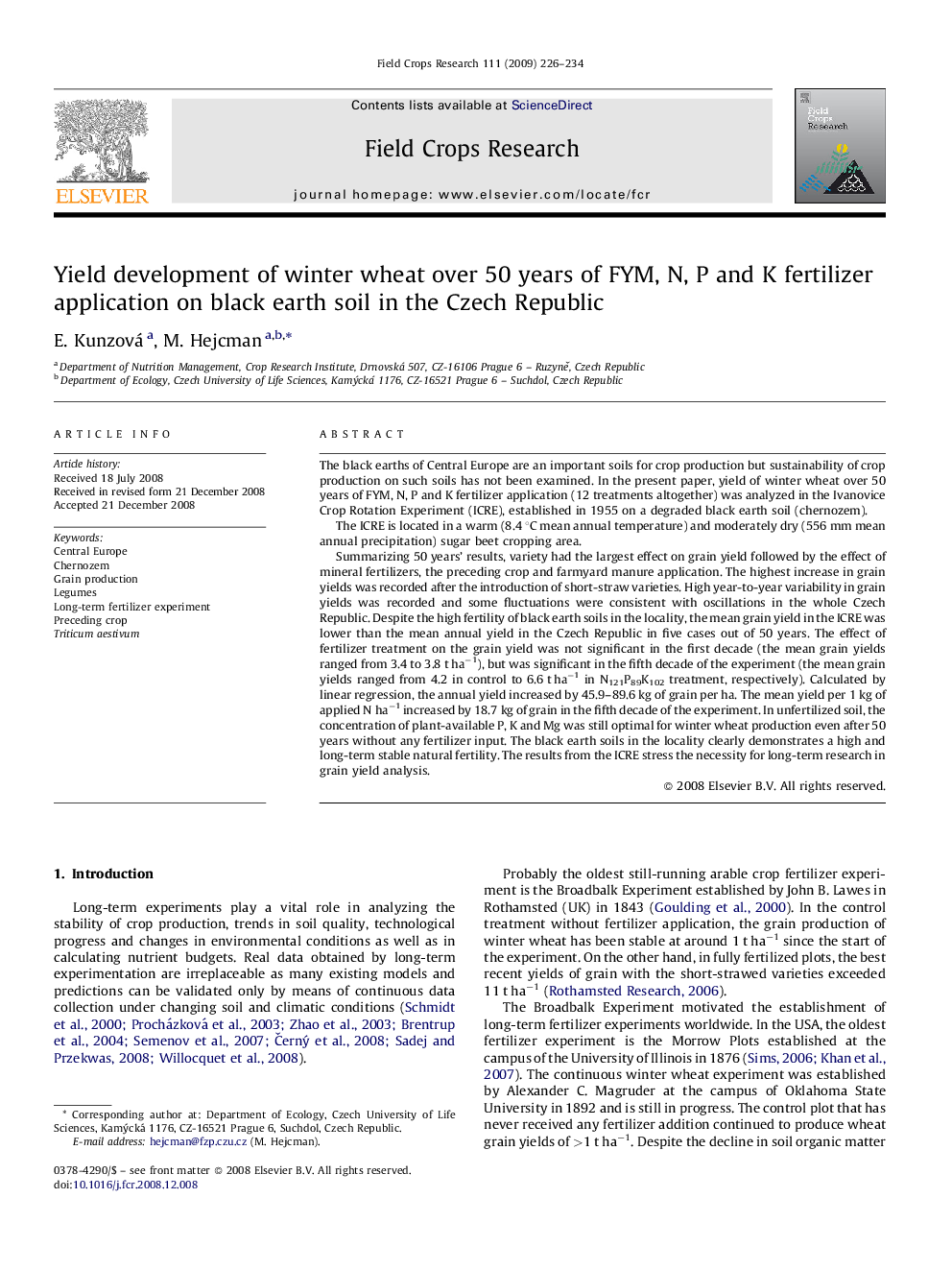 Yield development of winter wheat over 50 years of FYM, N, P and K fertilizer application on black earth soil in the Czech Republic