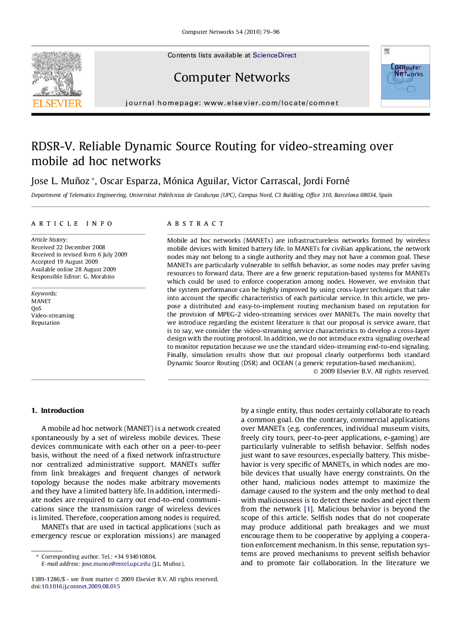 RDSR-V. Reliable Dynamic Source Routing for video-streaming over mobile ad hoc networks